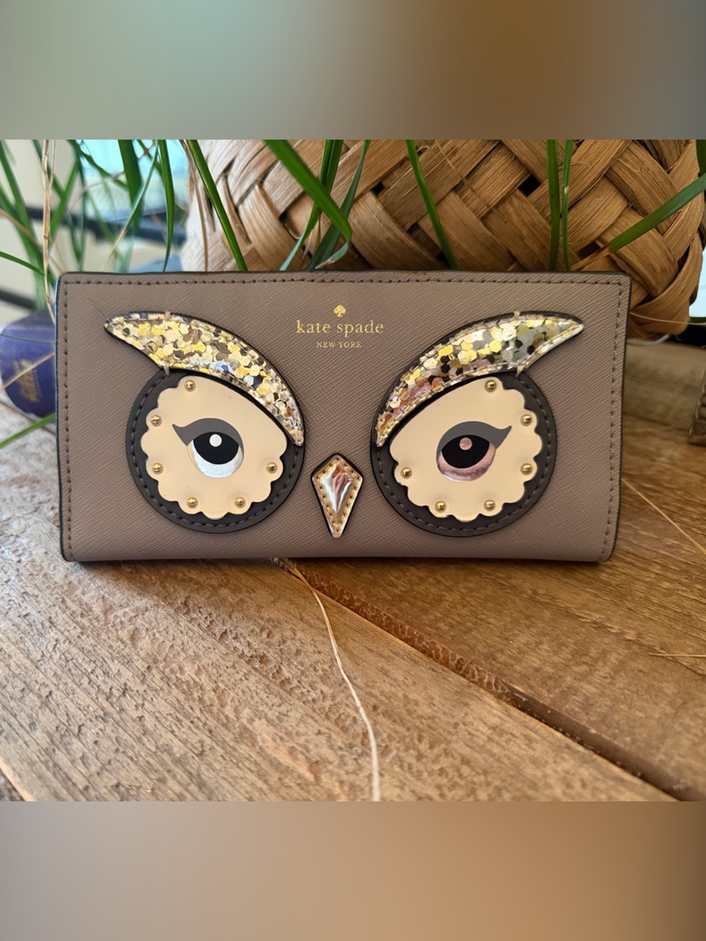 kate spade taupe owl-appliqué continental wallet with glitter accents